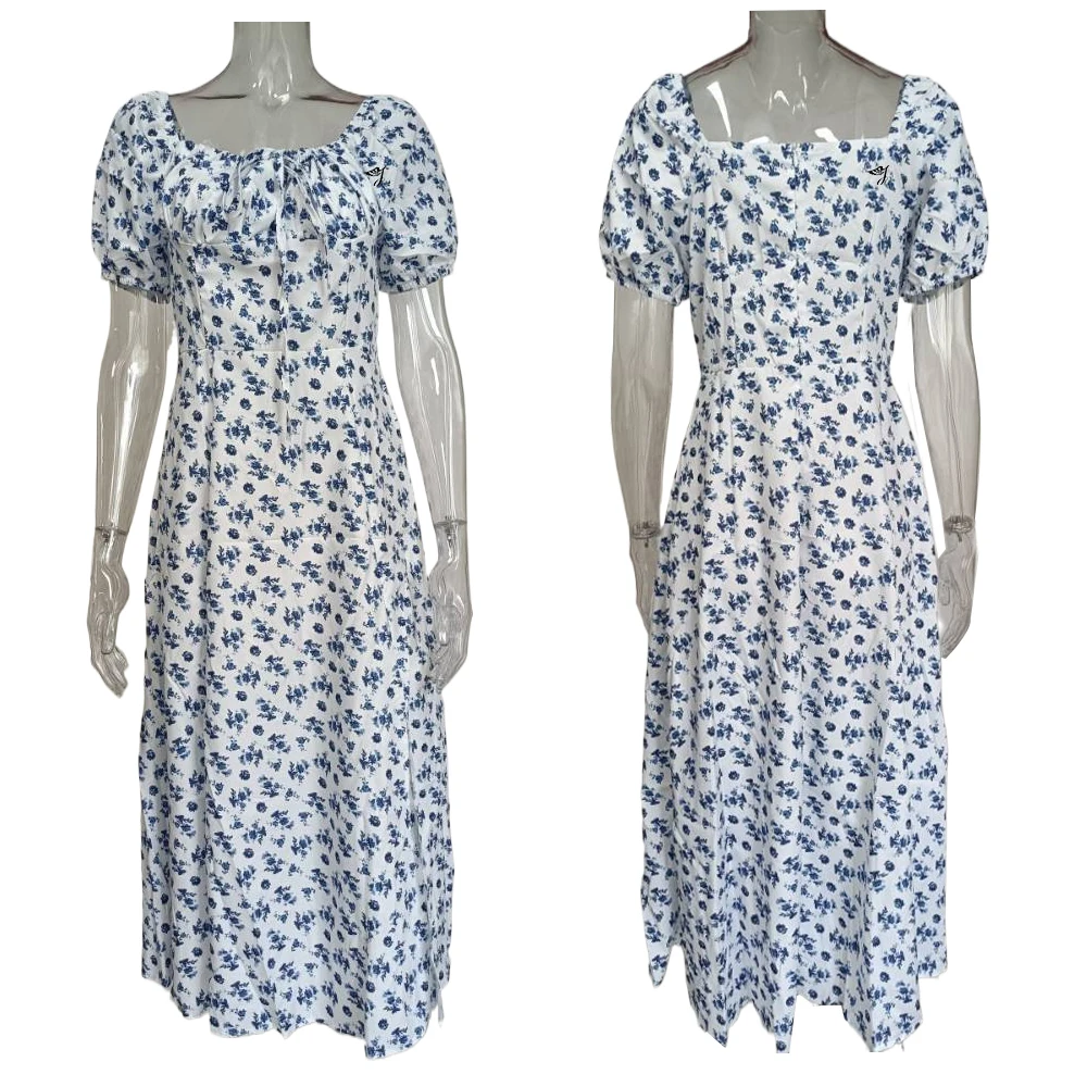 SMO Floral Print Dress Short Sleeves Split OEM Casual Maxi Square Neck Dress Floral Casual Dresses