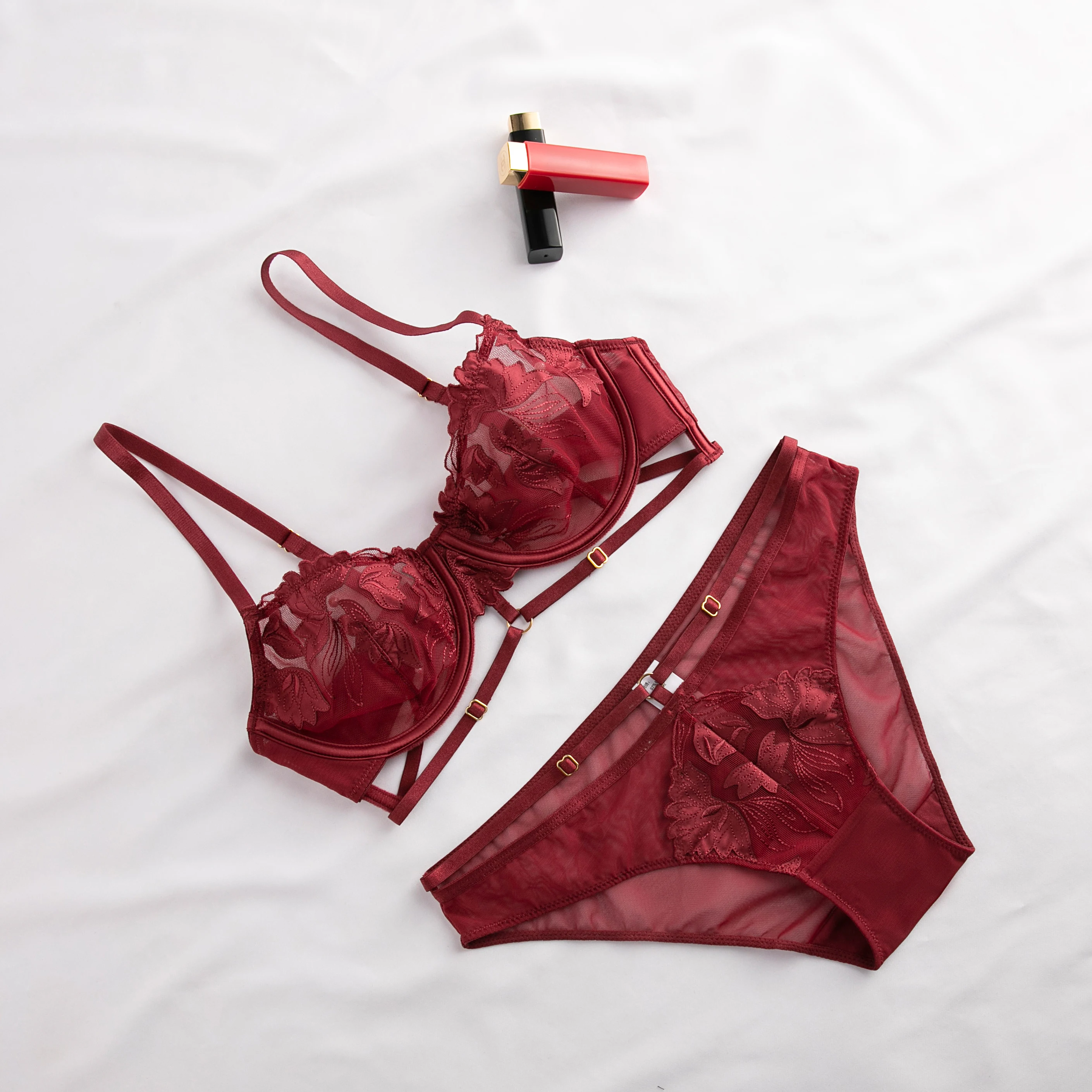 Push-up Underwear Set Women's Sexy Embroidered Lace-up Bra Burst Thin Cup Sexy Bikini Adults 3D Embroidery Knitted 4 Colors