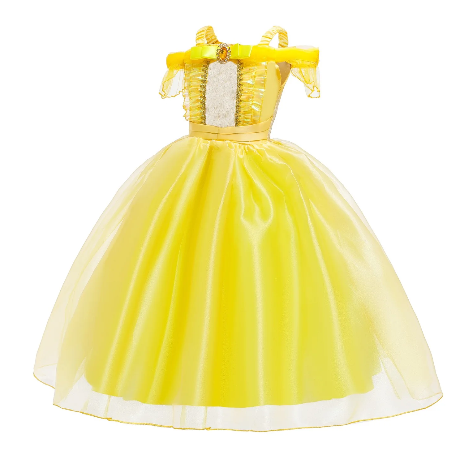 Little Girls Yellow Roses Princess Aurora Belle Costume Dress Off Shoulder Layered up for Halloween Party