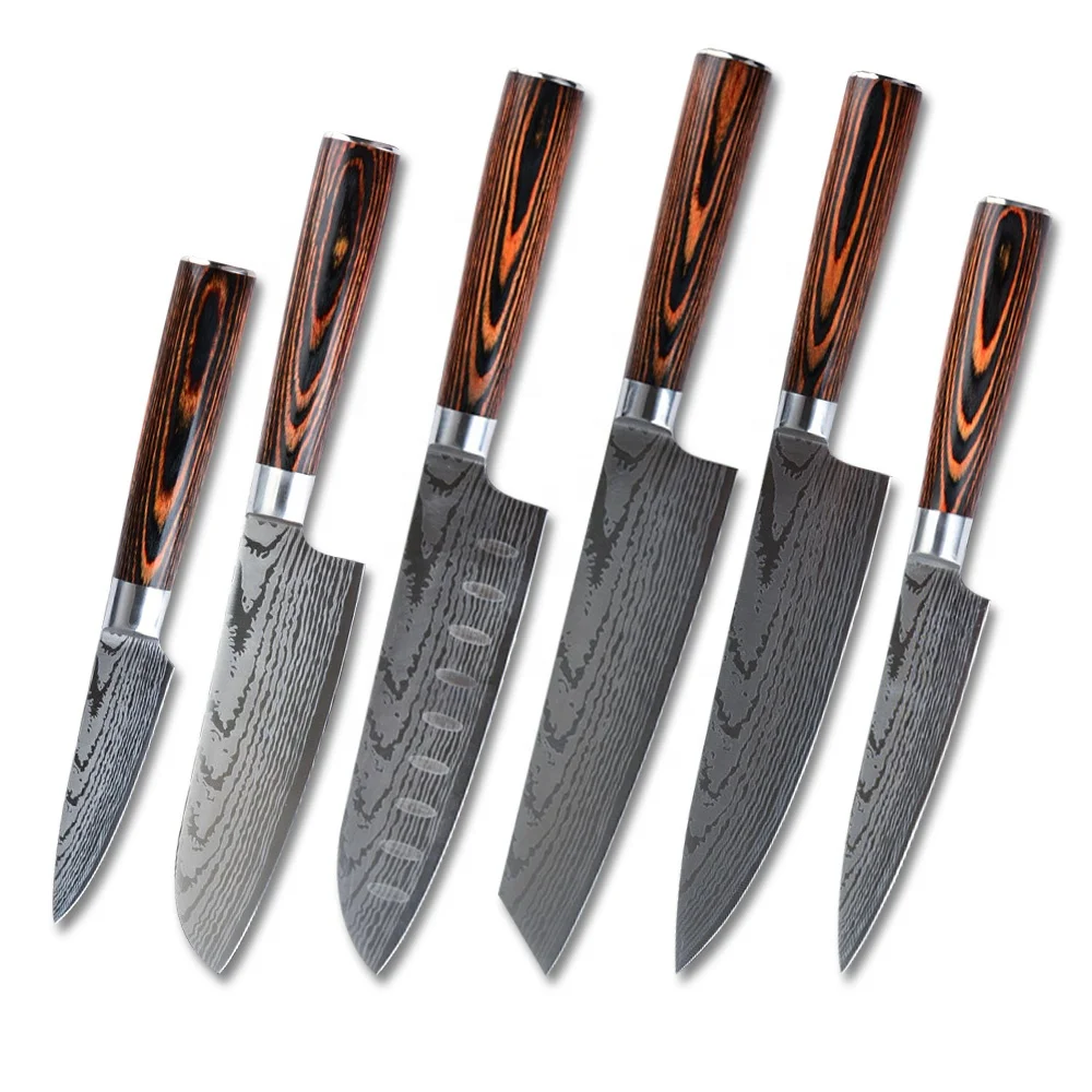 
TOP seller 6pcs knife set Pakka wood handle laser pattern Damascus kitchen knife set 