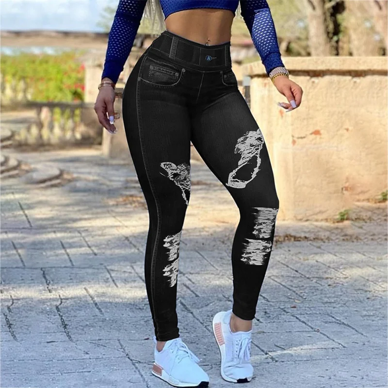 Factory Hot Sale Jeans Print Women High Waist Yoga Pants Running Sport Workout Leggings