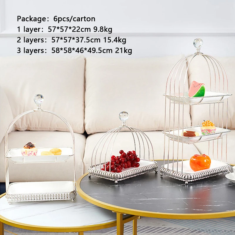 Luxury Crystal Food Tray Living Room Creative Birdcage-Shaped Iron Dessert Fruit Tray with White Ceramic Dishes