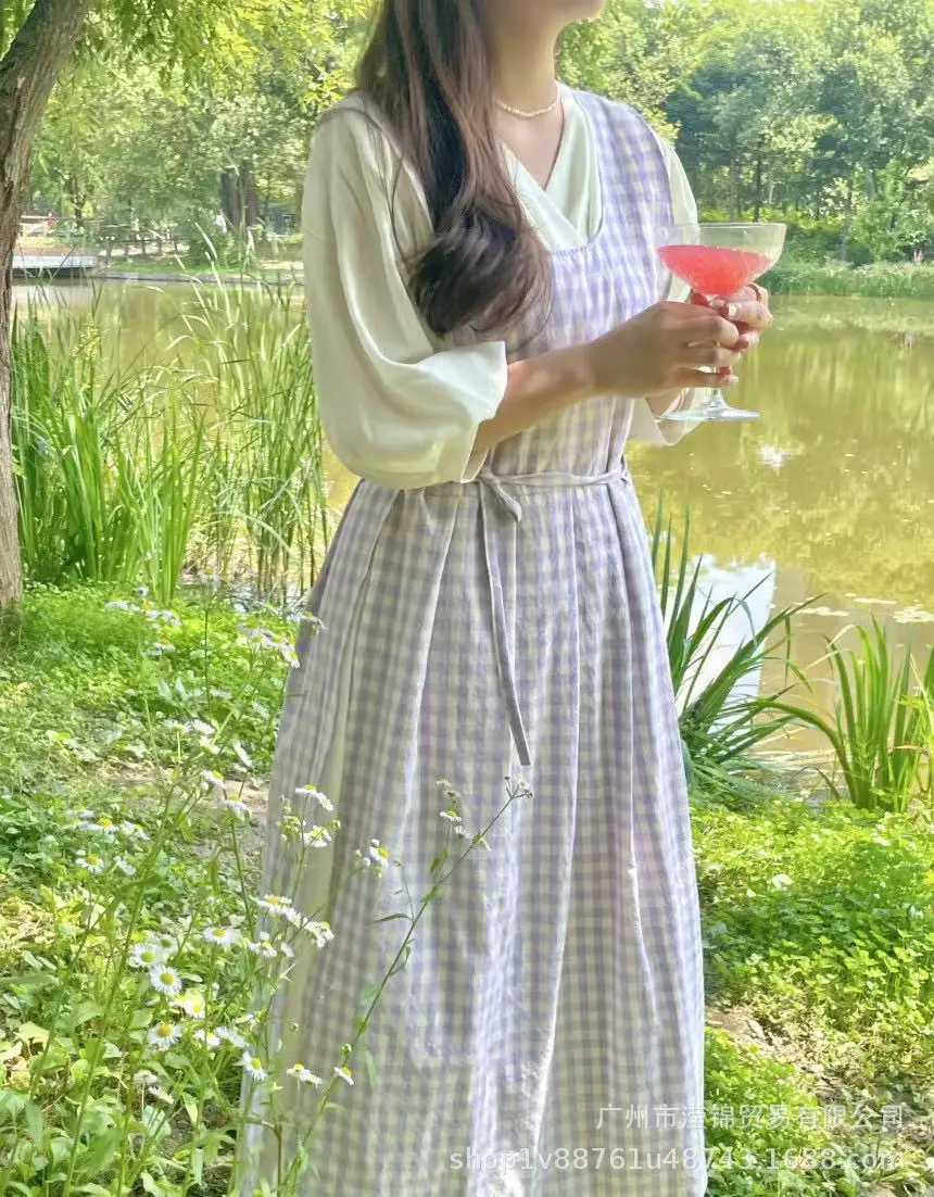 Korean floral dress round neck left and right slits baking Art Manicure milk tea coffee master large apron