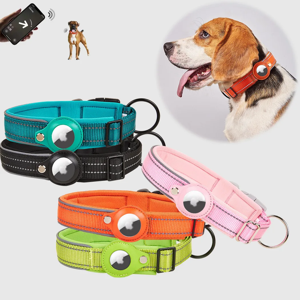 GPS dog Collar Tracker Wholesale Reflective Quick Release Dog Collar with leather AirTag case cover Pet Collar for pet