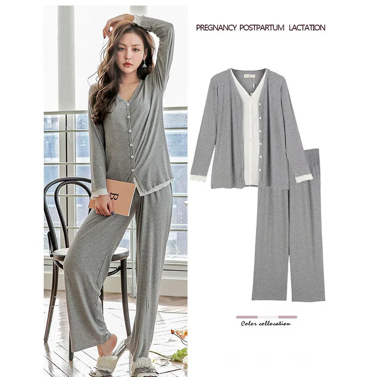 Faking Two Maternity Clothes Spring Long-Sleeved Trouser Suit Maternity Confinement Pajamas Nursing Maternity Clothes