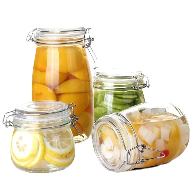 Wholesale 500 ml Clear Wide Mouth Glass Kitchen Storage Bottles Jars 16oz 32oz Canning Mason Jar with Airtight Clip Top Lid