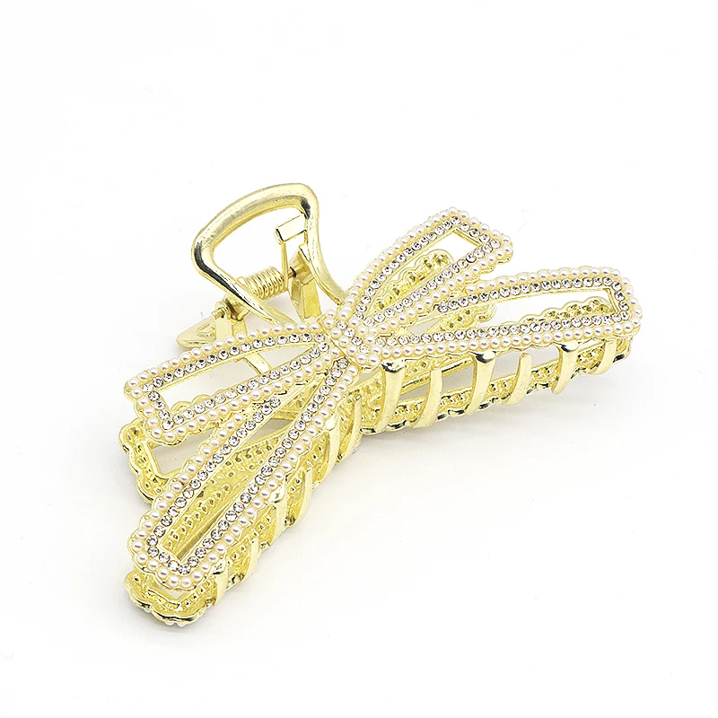 Ponytail Diamond Metal Alloy Rhinestone Pearl Fish Gold Metal Hair Claw Clips With Rhinestone