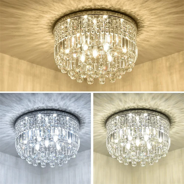 Simple Lobby Living Room Chandelier Rain Drop Round K9 Crystal Ceiling Light Chrome
