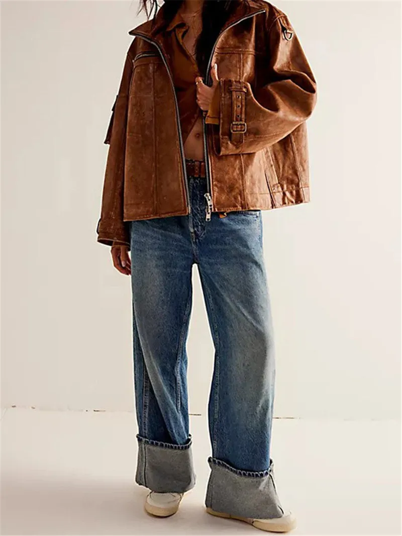 Cool Women Simple PU Coats Casual Plain Suit Lady Winter Plus Size Oversized Zipper Leather Coat Jackets