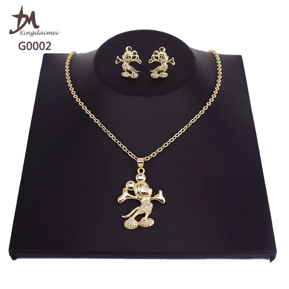 
G0002 High quality 18K gold-plated zircon earrings and necklace women and kids Mickey zircon jewelry set 