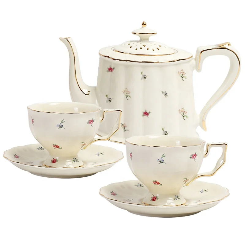 French Handpainted Gold Rims Flower Ceramic Coffee and Tea Sets of Two Cups and Saucers Porcelain Coffee Teapot