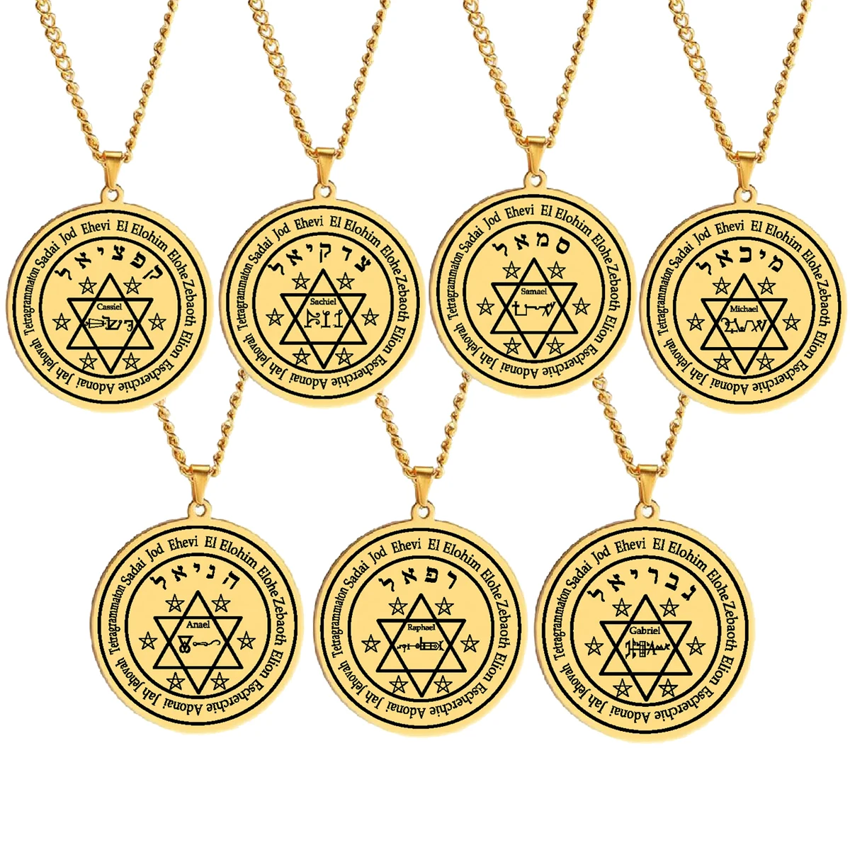 Seal of Solomon Seven Archangels Cassiel Sachiel Samael Michael Anael Raphael Gabriel Talisman Stainless Steel Pendant Necklace
