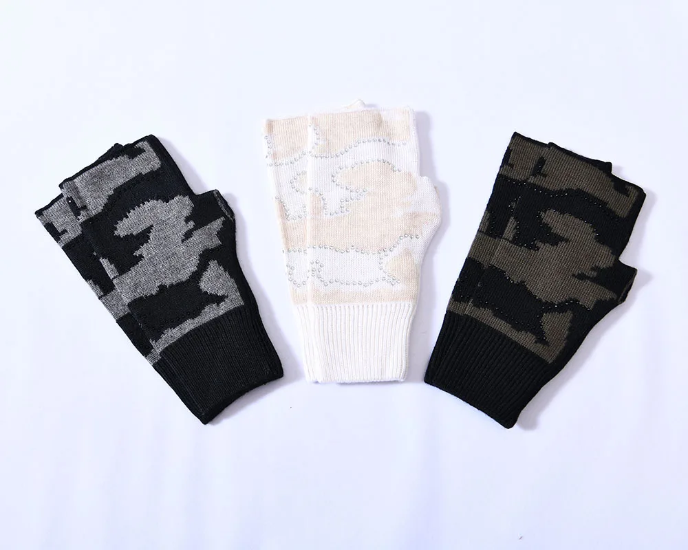 Wholesale Plain Camo Color Half Finger Gloves Rhinestone Stretch Winter Thick Warm Shiny Women Fingerless Custom Wool Gloves