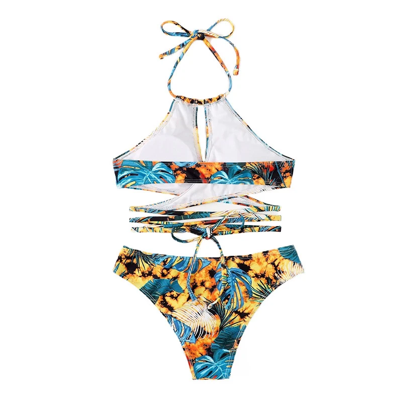 Cut Out High Waist Bikini Tie Back Tropical Printed Sexy Girls Micro Bikini