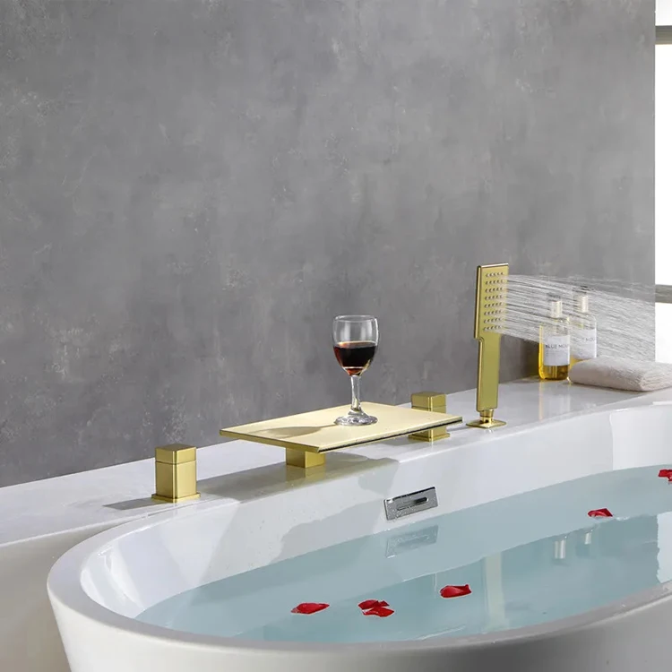 Modern Design Solid Copper Bathtub Waterfall Faucet Shower Set Spout Bathtub Mixer with Hand Spray for Bathroom