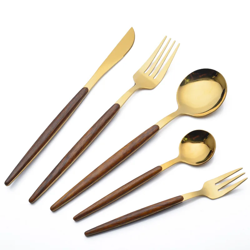 Stainless Steel Round Spoon  Wooden Handle Fork Spoon Fruit Fork Stirring Spoon Tableware