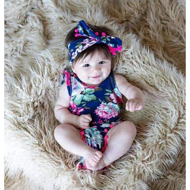 Wholesale newborn baby clothes cute Ball Tassel Ruffle Romper Baby Girls Flamingo Printing Headband 2pcs ROMPER TEAL