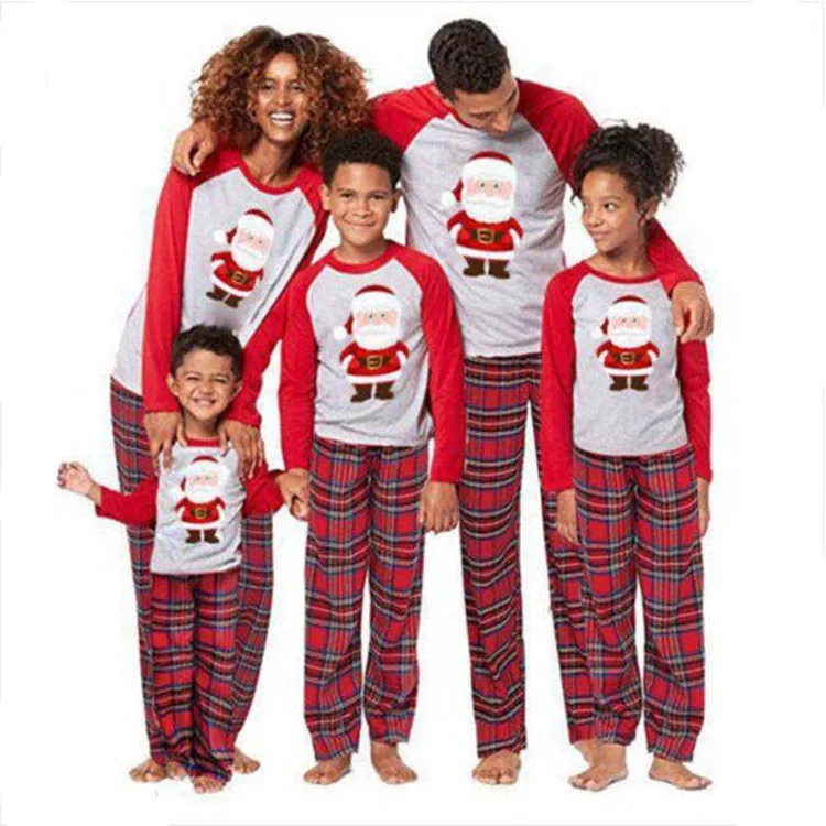 Hot Sales Red Grey Patchwork Crewneck Long Sleeve Shirts Family Pyjamas Fashion Adult Kids Baby Jumpsuit Christmas Pajamas