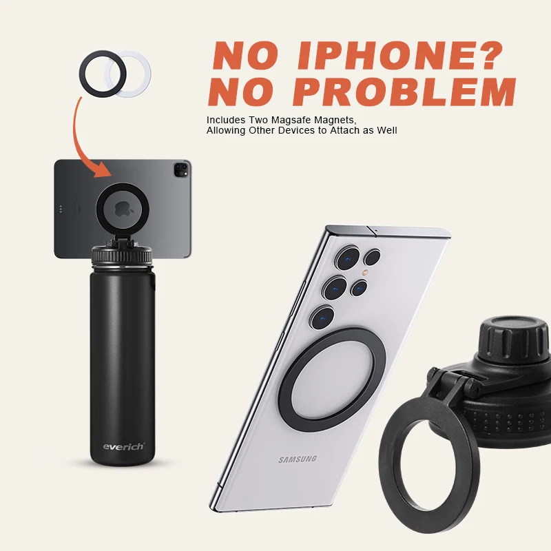 Sport insulated Magnetic Water Bottle with Phone Mount and Tripod for iPhone Gym Outdoor-Stay Cold Sports Bottle (Black)