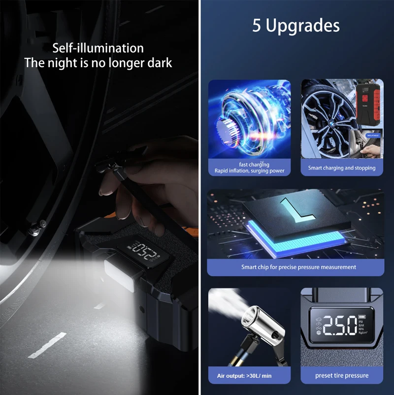 12V Jump Starter with Air Compressor 600A Portable Power Bank 150PSI Tire Inflator Pump 12V Starting Device Car Booster