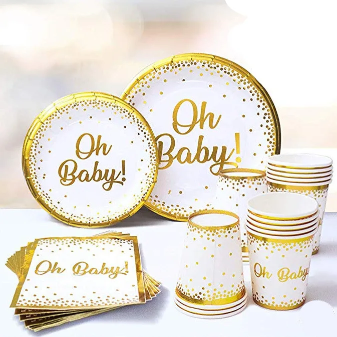 Oh Baby Shower Boys Or Girls Gold Plates, Cups And Napkins Disposable Tableware For 24 Guests Party Supplies Decorations