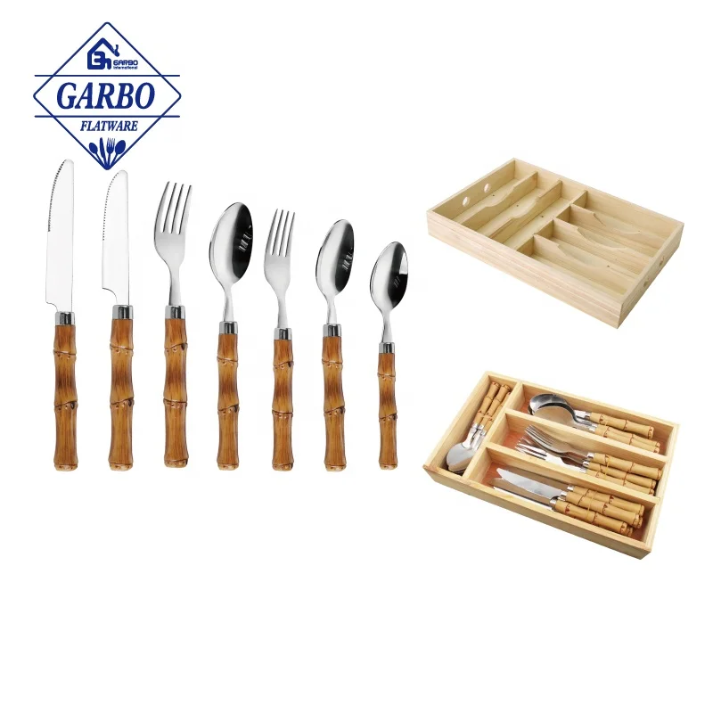 Bulk custom best selling dark bamboo plastic handle gold plated cutlery set 24 stainless steel flatware with divided wooden box