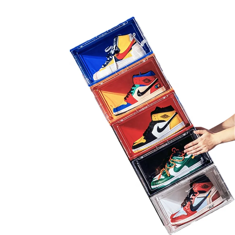 Ama Hot Selling Fashion Acrylic Plastic Magnetic Side Opening Stackable Folding Transparent Display Shoe Storage Box