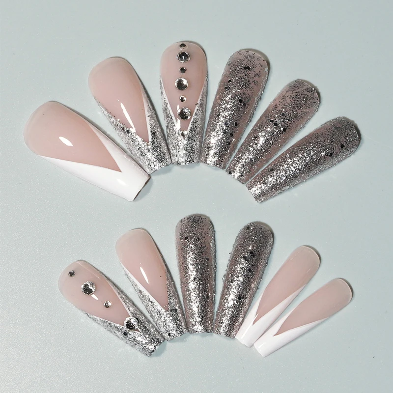 2022 New Full Cover 24 pieces French ballet artificial nail with rhinestone finger nails artificial fingernails design nail tips