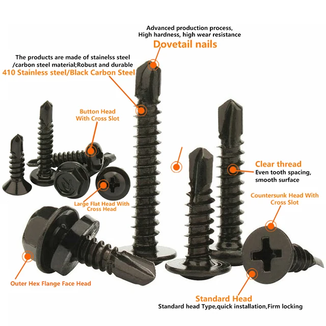 Iron Black Zinc Self-tapping Self-drilling Screws Black Steel Tile Nails Dovetail Self-drilling Wood Screws M4.2 M4.8 M5 M5.5