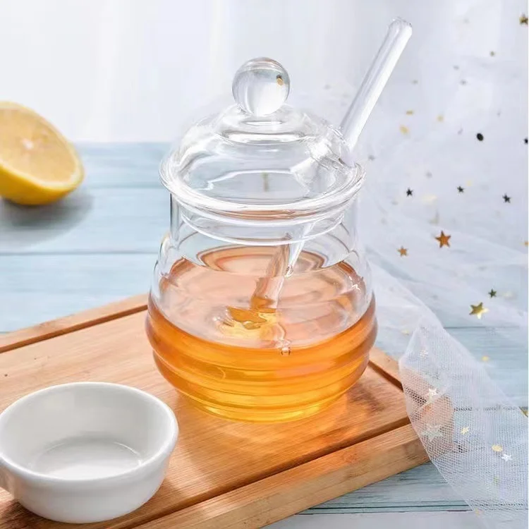 Beehive Honeycomb Shaped Hexagonal Glass Storage Pot Jar Cruet Spice Herb Honey Jam Jar with Glass Dipper and Lid