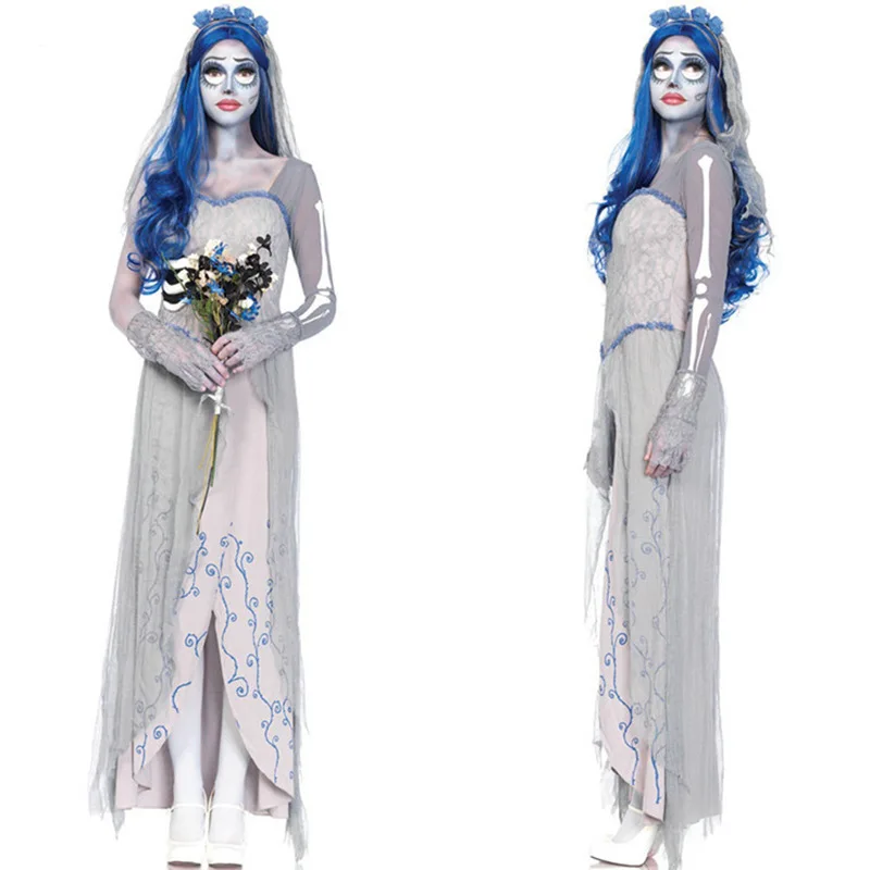 Halloween Role-Playing Ghost Bride Party Decoracion Dress White Long Sleeved Skull Long Performance Wear