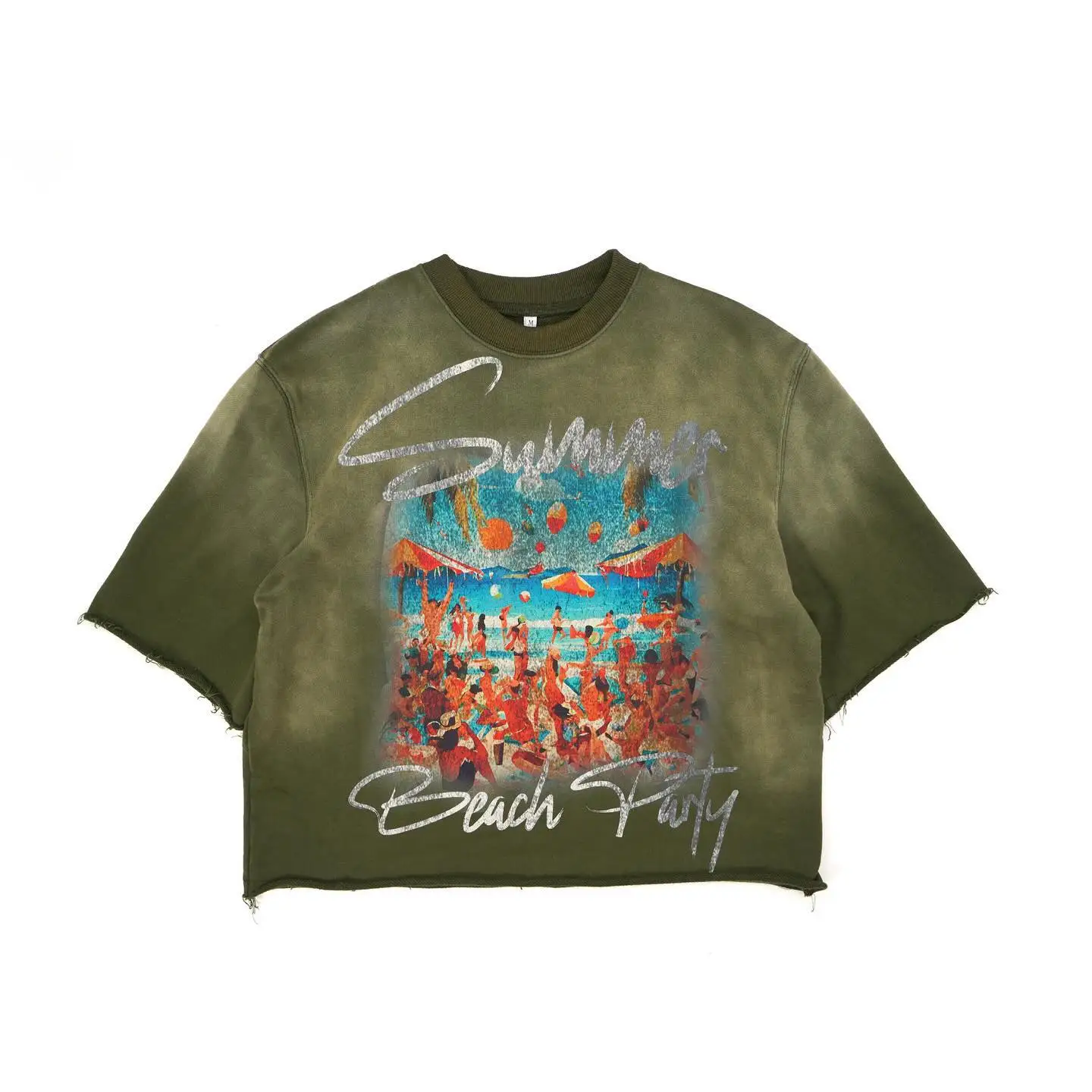 Topshow Streetwear Custom Sun Faded Screen Printing Graphic T-shirt Vintage Distressed Acid Wash Cropped Boxy T Shirt Men