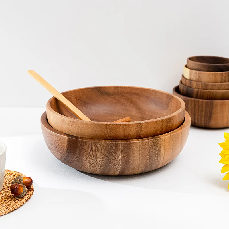 Multiple Sizes from 10 to 26cm Eating Utensil Smooth Natural Acacia Wood Bowl Set for Food Noodle
