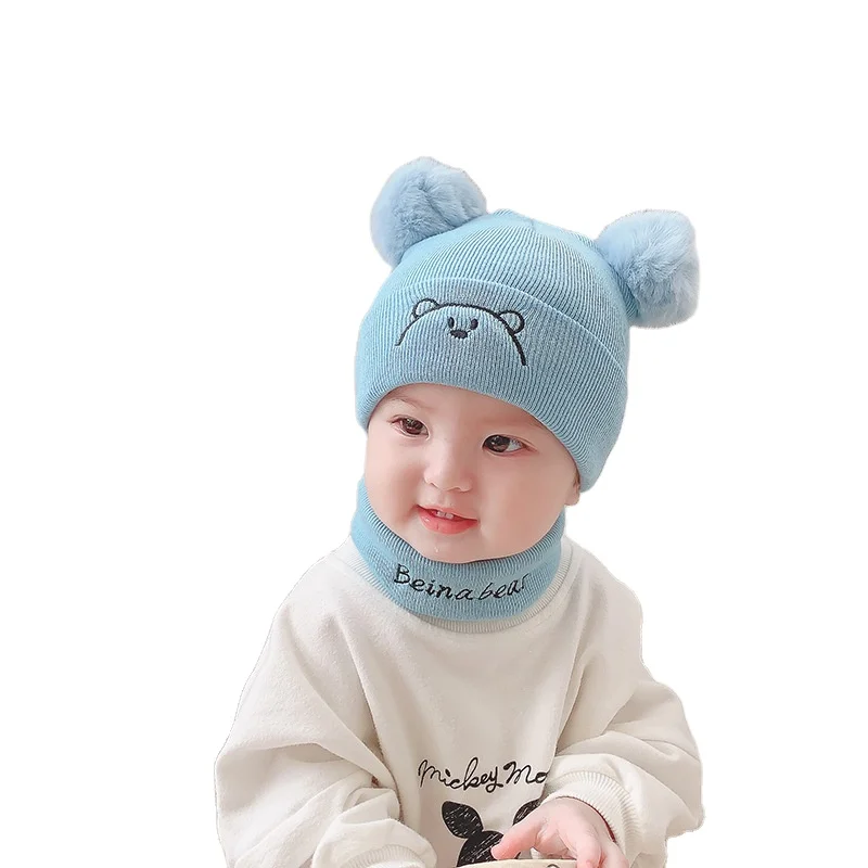 Winter Keep Warm Woolen Newborn Hat Cute Embroidered Bear Hat with Neckerchief Double Pom Pom 0-12m Baby Hats