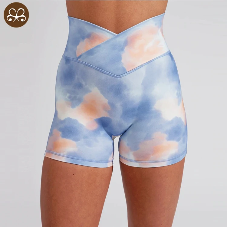 Wholesale custom V waistband no front seam custom gym sports tie dye biker shorts