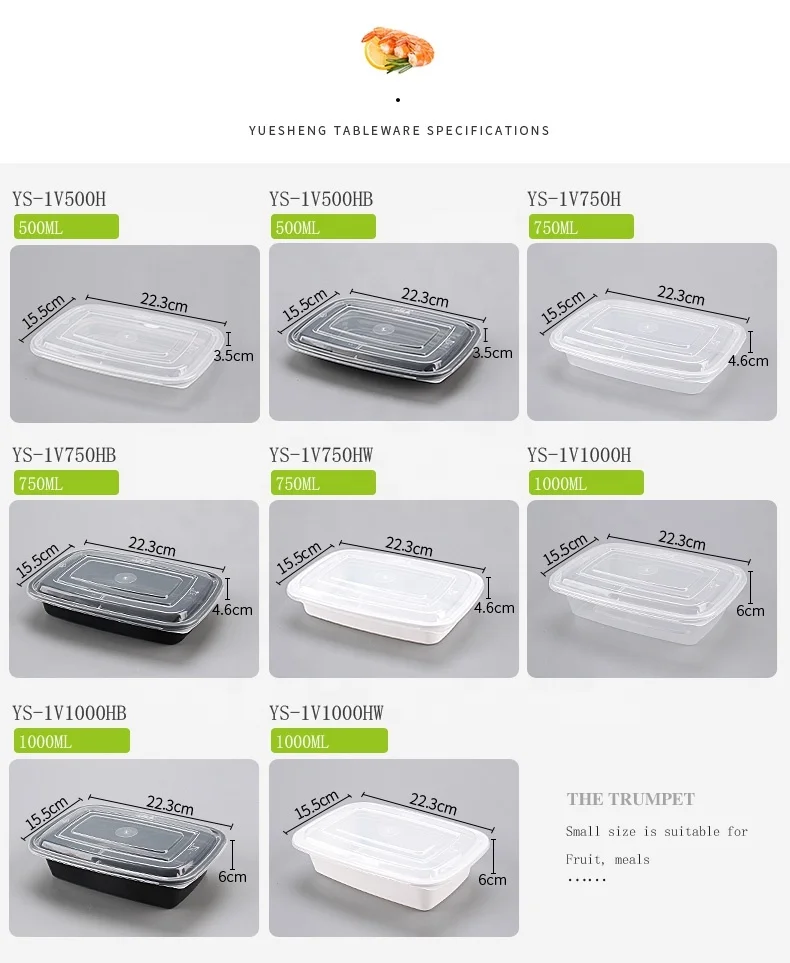 500ml lunch bento box fast food meal prep PP disposable plastic container for sale