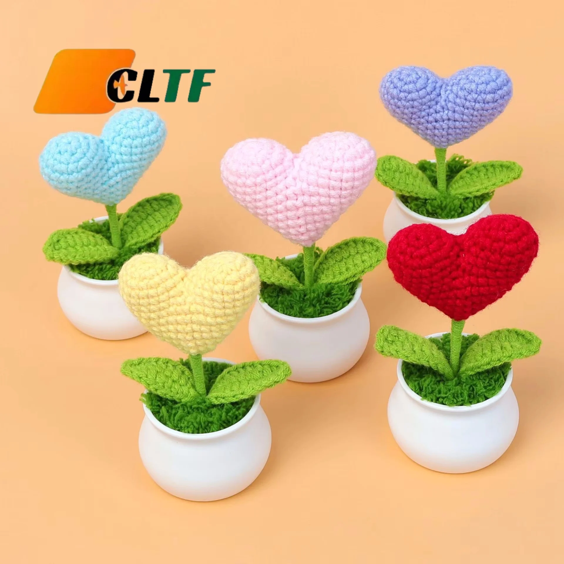 Crochet Heart Potted Knitting Flowers Gradient Heart Crochet Handmade Decoration Pot Crochet Flowers
