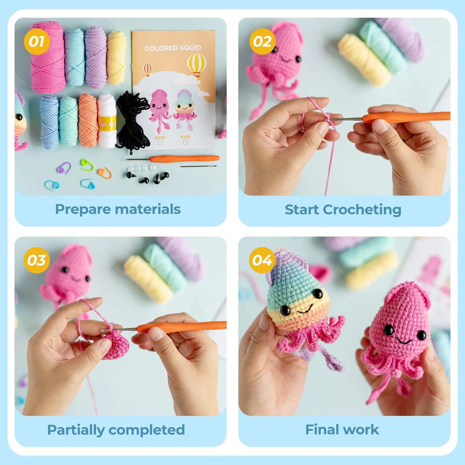 Two Cute squid doll diy hand knitting animal crochet material package crochet hook yarn kit set for beginners