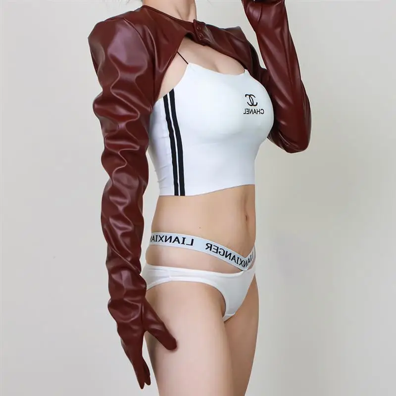 Women Loose Sleeve Faux Lambskin Leather Crop Top Shrug Open Front Puff Bolero Gloves