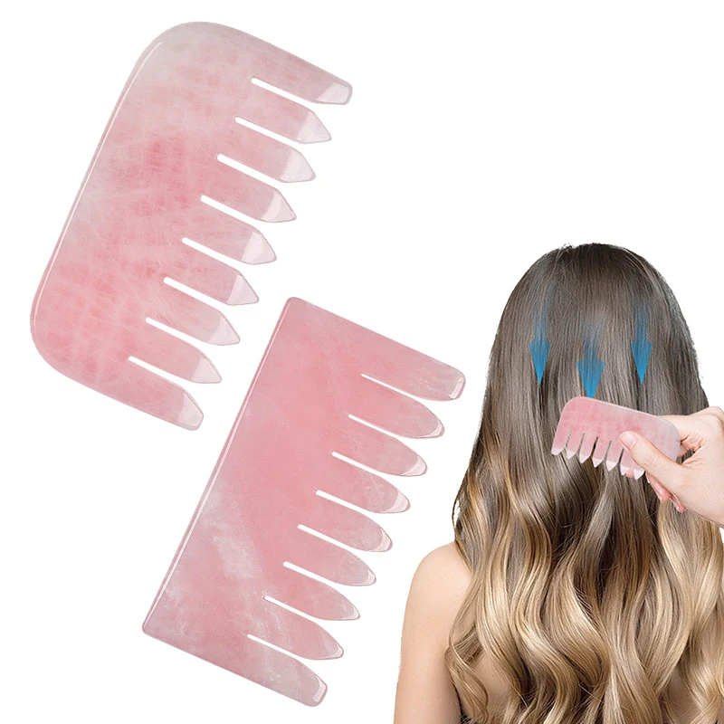 Private Label Rose Quartz Gua Sha Hair Comb Custom Scalp Massage Guasha Comb Crystal Stone Jade Gua Sha Comb