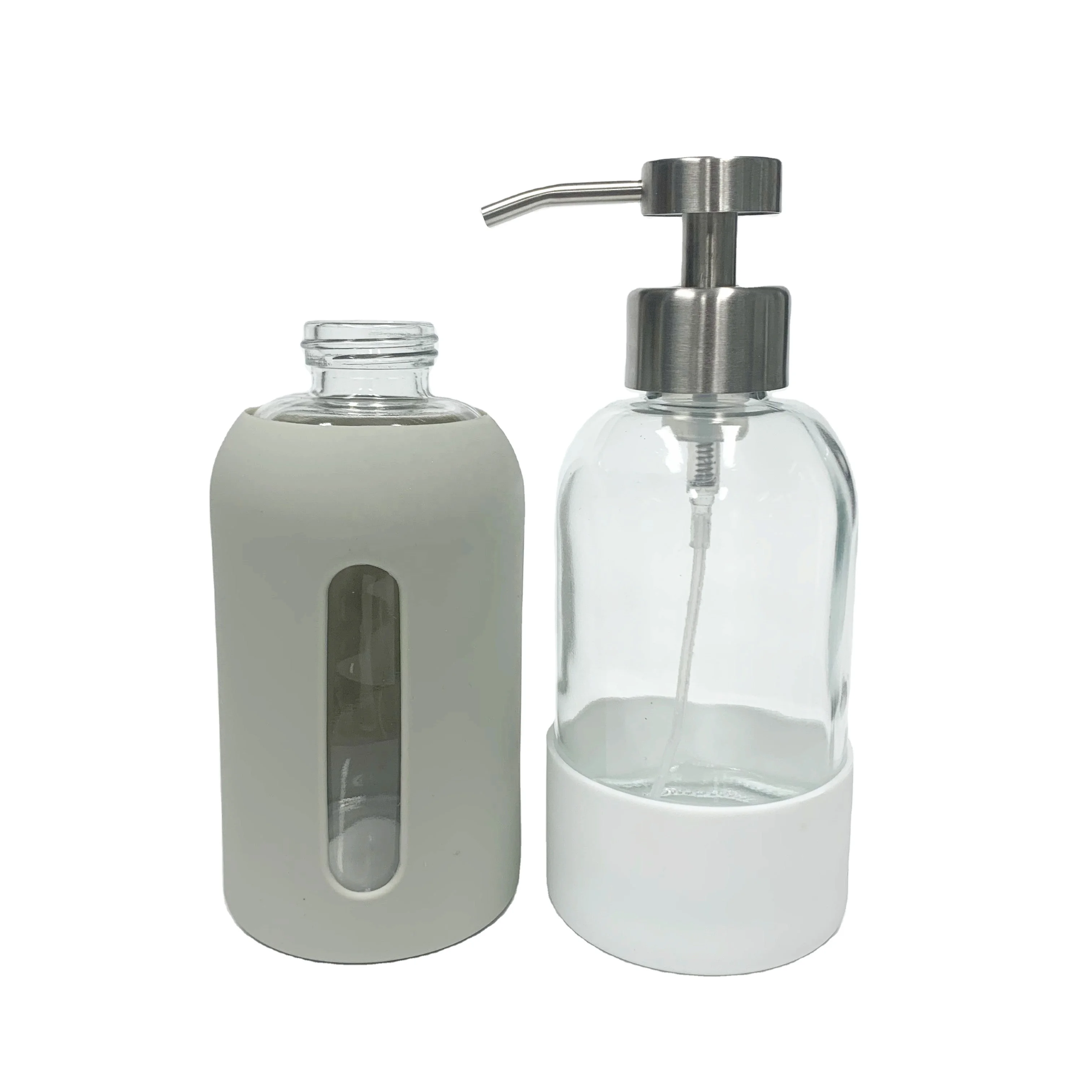 
400ml glass hand soap bottle with stainless steel foaming pump dispenser and silicone sleeve 