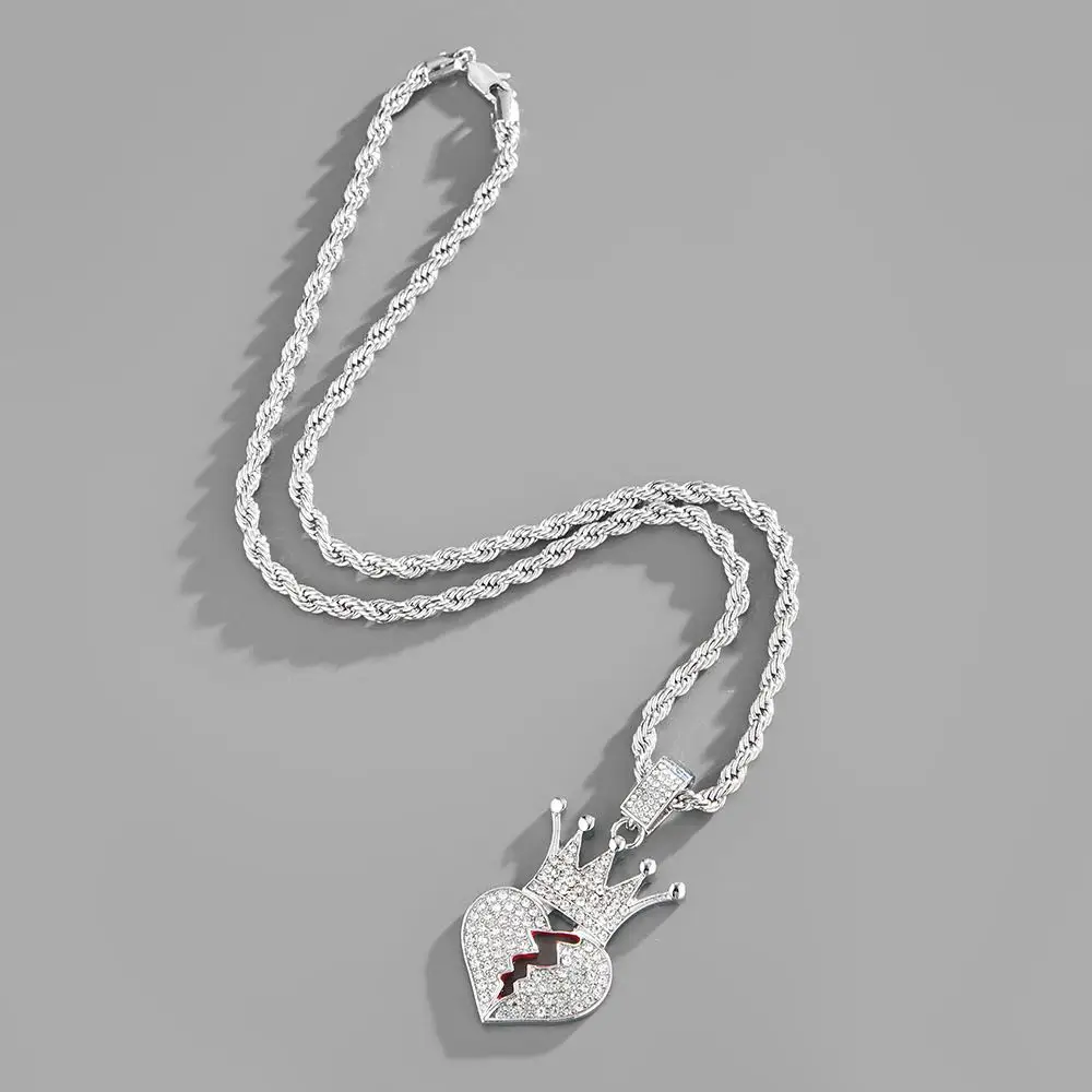 PJ-C501 New Hip Hop Punk Crown Broken Heart Zircon Pendant Lovers Necklace Cuba Chain