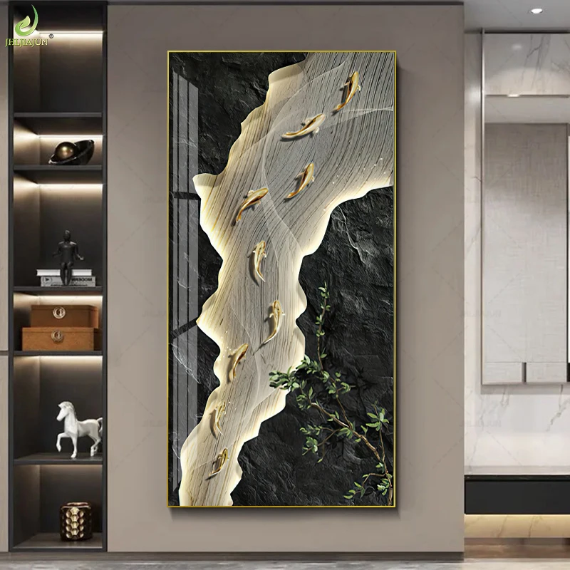 Lucky Nine Fish Luxury Wall Art Crystal Porcelain Diamond Painting Good Luck Metal Fish Home Decor