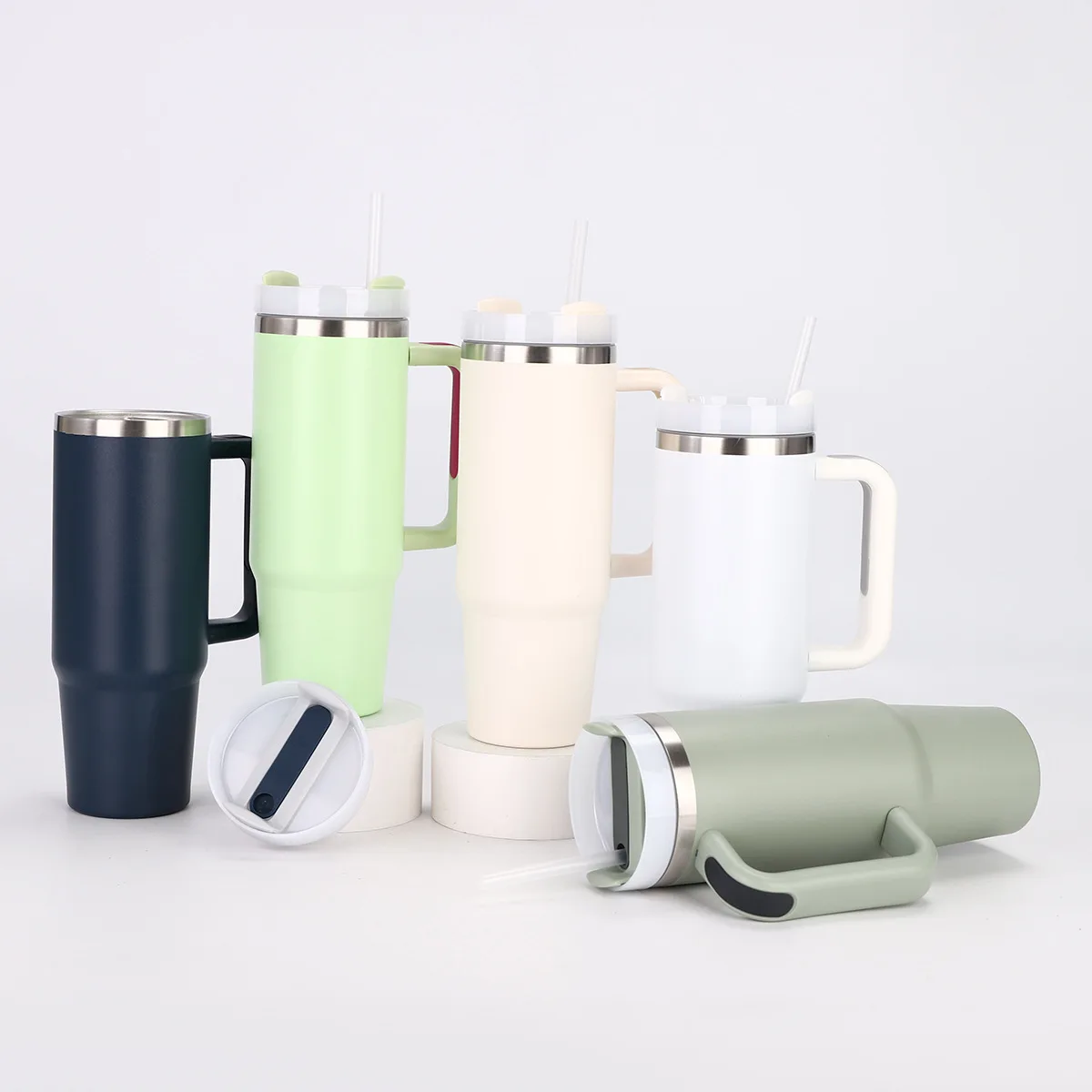 40oz Double Wall Vacuum Insulated flat wide mouth water bottle stainless steel with straw and handle lid