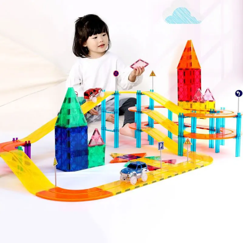 2024 Best Selling Factory Price Colorful Magnetic Tiles Set Race Track Car Magnet Building Block Toy for Kids