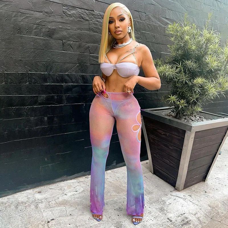 Fashion Attirewear Two Piece Set Women Shiny PU Style Rhinestone Camisole+Gradient Colorful Mesh Lace Up Perspective Pants