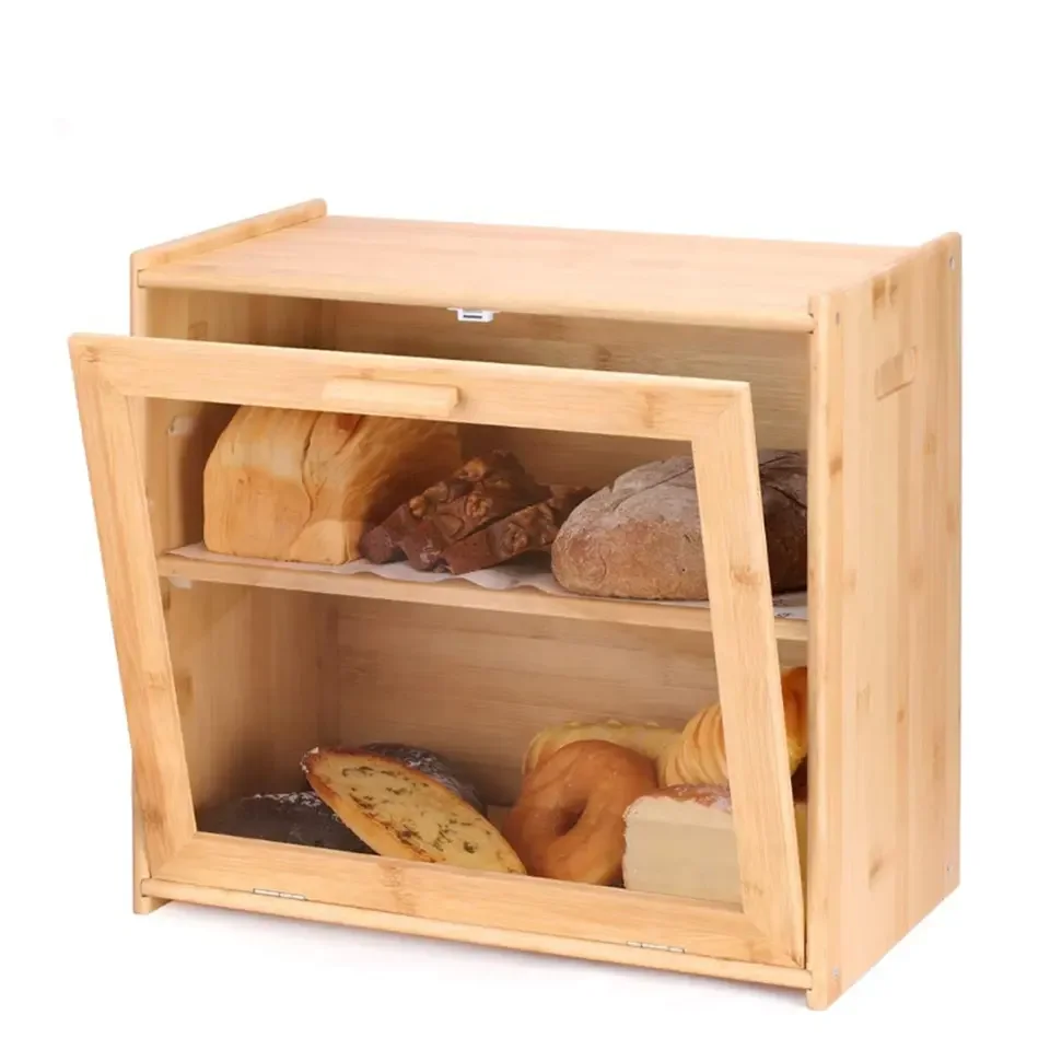 Large Capacity bamboo Bread Rack Storage Container Box with Cutting Board Kitchen Countertops
