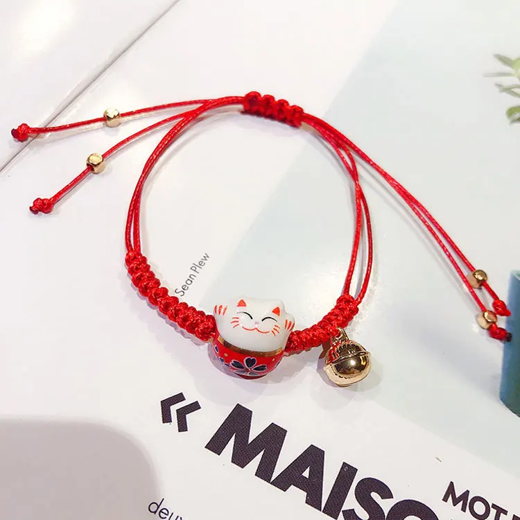 SC Trendy maneki neko cat Bell Charm Bracelet Handmade Braid Adjustable Red String Bracelets Colorful Ceramic Lucky Cat Bracelet
