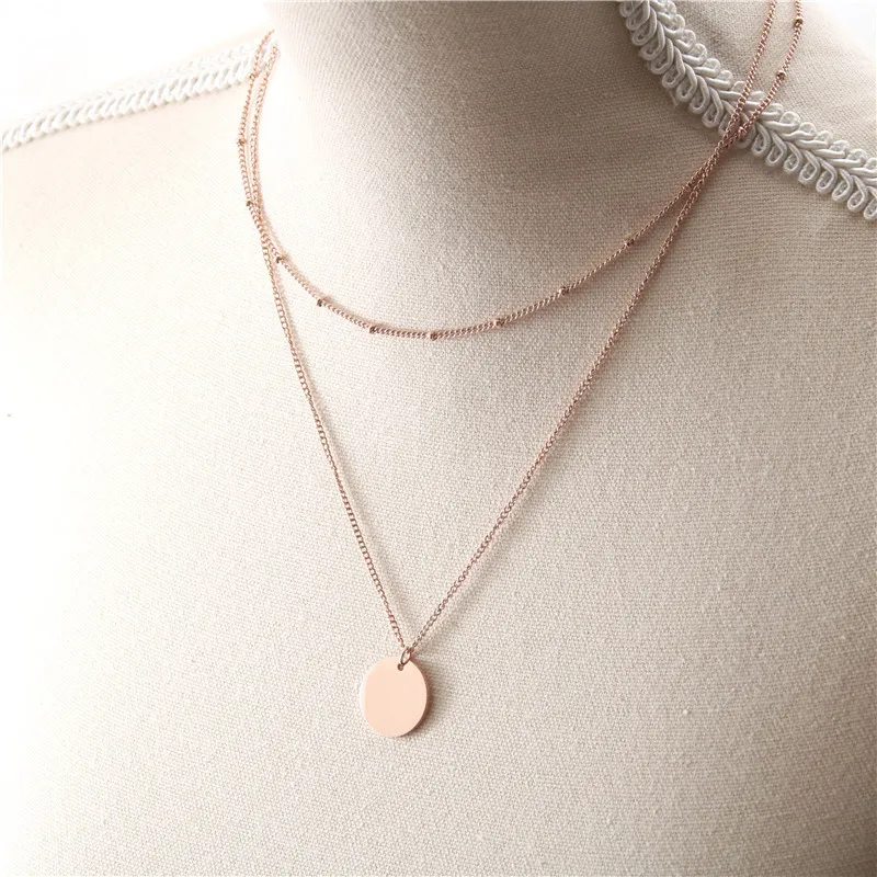 Sland Female Gold Plated Round Pendant Long Layered Double Chain Necklace