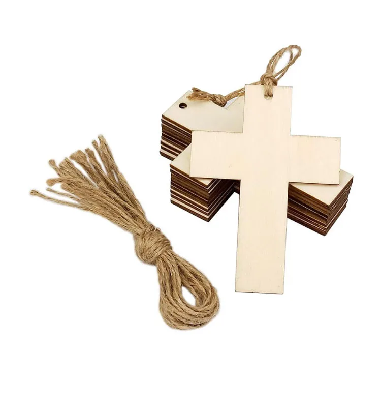Blank Wood Cross Unfinished Wooden Cross Ornament With Cord for DIY Crafts Christmas Decoration
